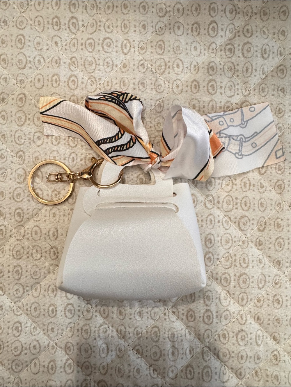 White Mini Bag Key & Card Holder with Satin Scarf Accent